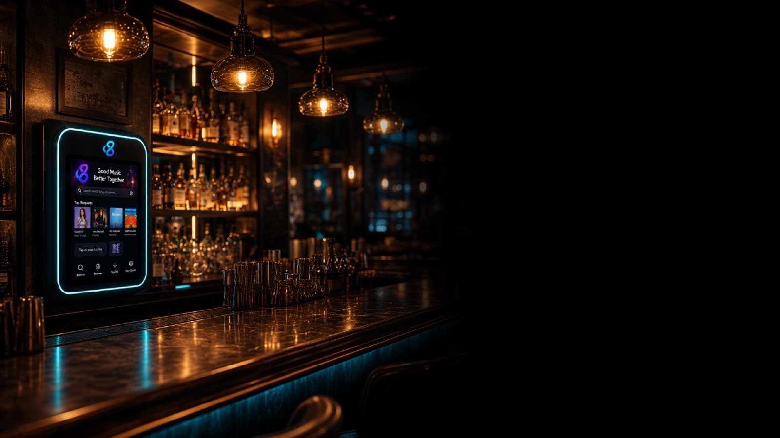 TuneBash jukebox installed in a warm, modern bar